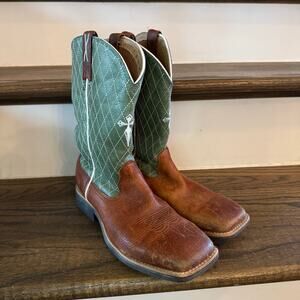 Twisted X Youth Square Toe Cowboy Boots Brown Green Leather Cross YBK0005 4.5M